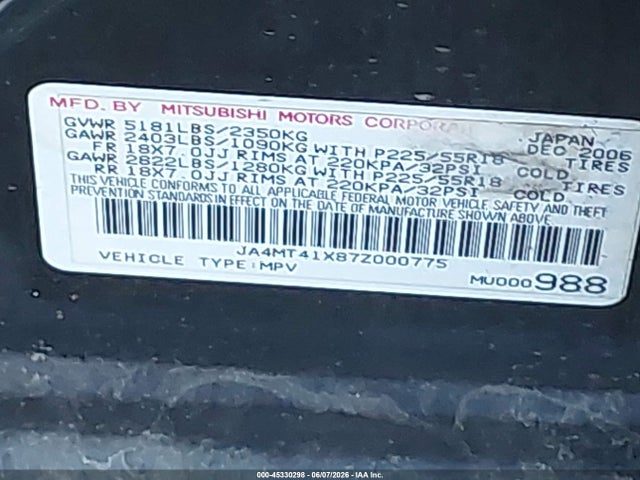 Auction sale of the 2007 Mitsubishi Outlander Xls, vin: JA4MT41X87Z000775, lot number: 45330298