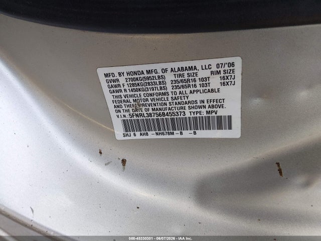 Aukcja sprzedaży 2006 Honda Odyssey Ex-l, vin: 5FNRL38756B455373, numer aukcji: 45330301