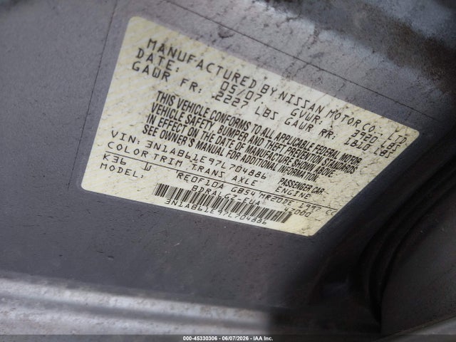 Продаж на аукціоні авто 2007 Nissan Sentra 2.0sl, vin: 3N1AB61E97L704886, номер лоту: 45330306