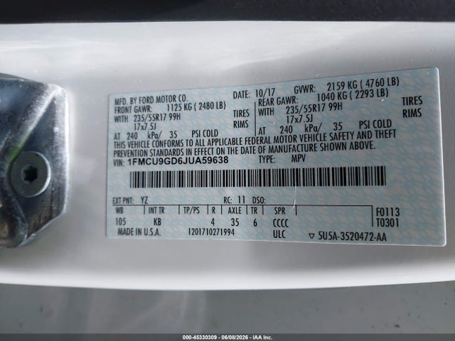 Продаж на аукціоні авто 2018 Ford Escape Se, vin: 1FMCU9GD6JUA59638, номер лоту: 45330309