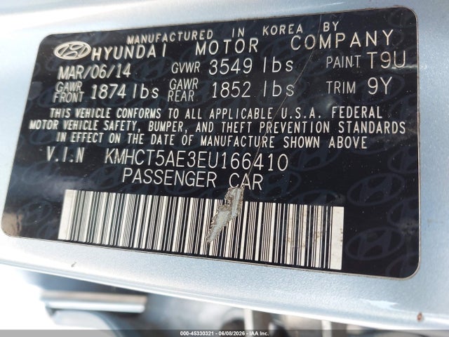 2014 Hyundai Accent Gs მანქანა იყიდება აუქციონზე, vin: KMHCT5AE3EU166410, აუქციონის ნომერი: 45330321
