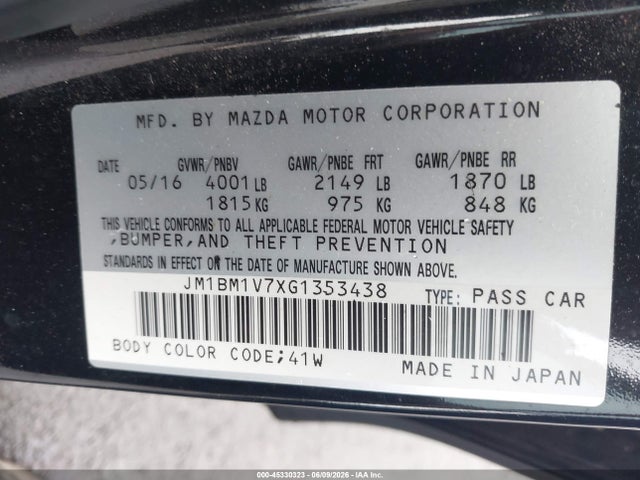 Aukcja sprzedaży 2016 Mazda Mazda3 I Touring, vin: JM1BM1V7XG1353438, numer aukcji: 45330323