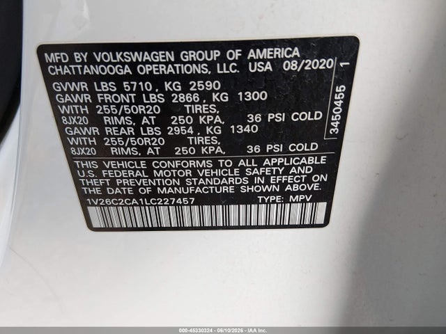 45330324 :رقم المزاد ، 1V26C2CA1LC227457 vin ، 2020 Volkswagen Atlas Cross Sport 2.0t Se W/technology/2.0t Se W/technology R-line مزاد بيع