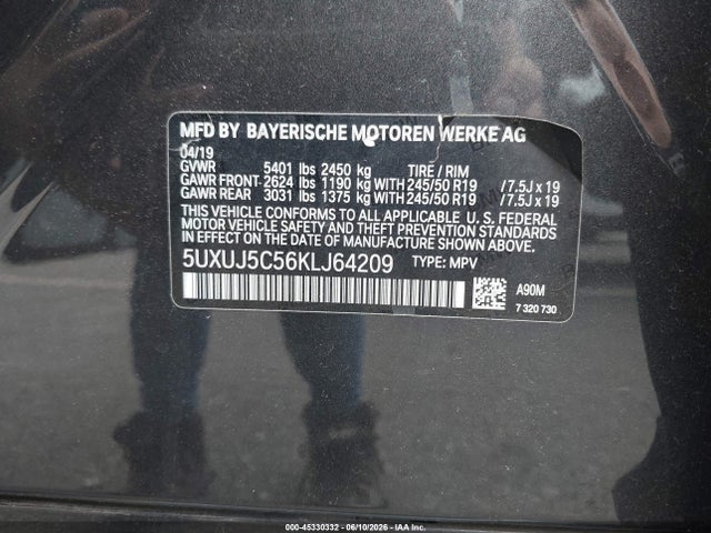 Продаж на аукціоні авто 2019 Bmw X4 M40i, vin: 5UXUJ5C56KLJ64209, номер лоту: 45330332