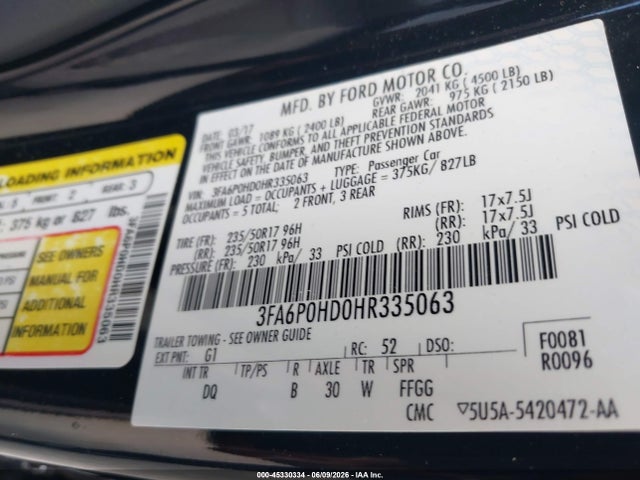 Aukcja sprzedaży 2017 Ford Fusion Se, vin: 3FA6P0HD0HR335063, numer aukcji: 45330334