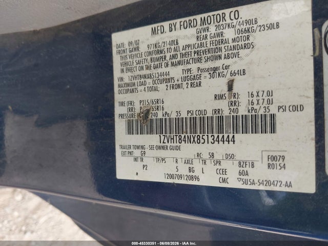 Aukcja sprzedaży 2008 Ford Mustang V6 Deluxe/v6 Premium, vin: 1ZVHT84NX85134444, numer aukcji: 45330351