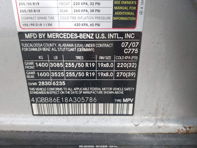 Aukcja sprzedaży 2008 Mercedes-benz Ml 350 4matic, vin: 4JGBB86E18A305786, numer aukcji: 45330358