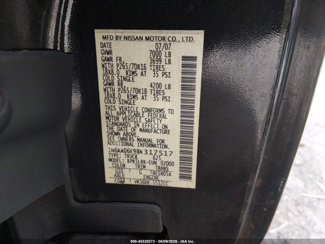 Продаж на аукціоні авто 2008 Nissan Titan Xe, vin: 1N6AA06E98N317517, номер лоту: 45330373