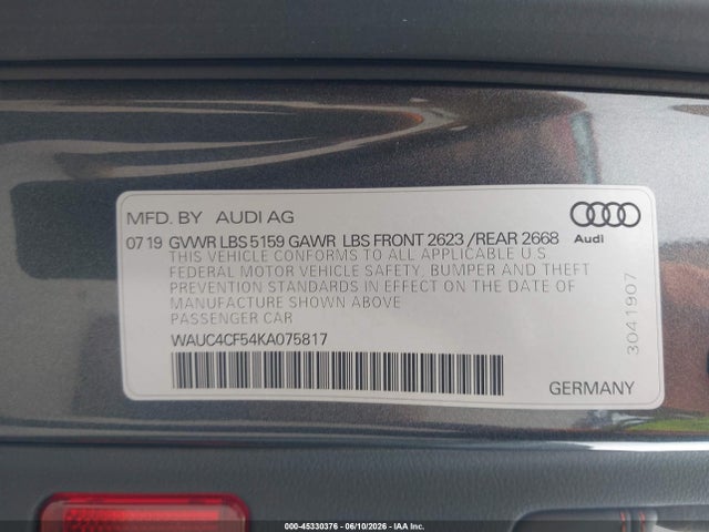 Aukcja sprzedaży 2019 Audi S5 3.0t Premium, vin: WAUC4CF54KA075817, numer aukcji: 45330376