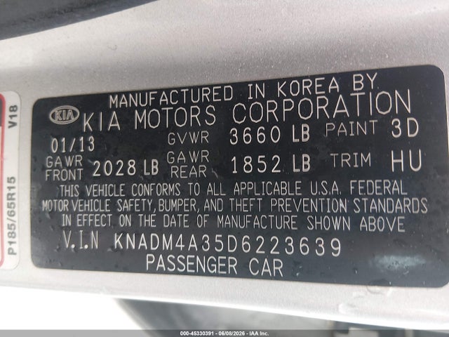 45330391 :رقم المزاد ، KNADM4A35D6223639 vin ، 2013 Kia Rio Lx مزاد بيع