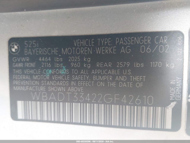 Aukcja sprzedaży 2002 Bmw 525i, vin: WBADT33422GF42610, numer aukcji: 45330396