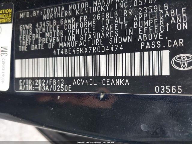 Aukcja sprzedaży 2007 Toyota Camry Le, vin: 4T4BE46KX7R004474, numer aukcji: 45330409