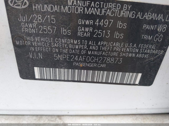 2016 Hyundai Sonata Se მანქანა იყიდება აუქციონზე, vin: 5NPE24AF0GH278873, აუქციონის ნომერი: 45330416