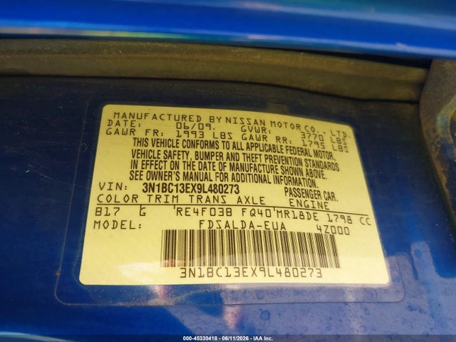 Aukcja sprzedaży 2009 Nissan Versa 1.8s, vin: 3N1BC13EX9L480273, numer aukcji: 45330418