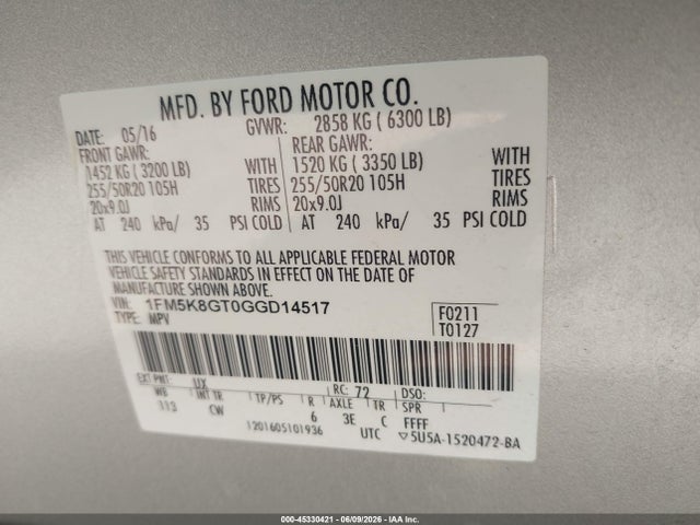 Aukcja sprzedaży 2016 Ford Explorer Sport, vin: 1FM5K8GT0GGD14517, numer aukcji: 45330421