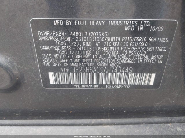 Продаж на аукціоні авто 2010 Subaru Forester 2.5x, vin: JF2SH6AC9AH743449, номер лоту: 45330425