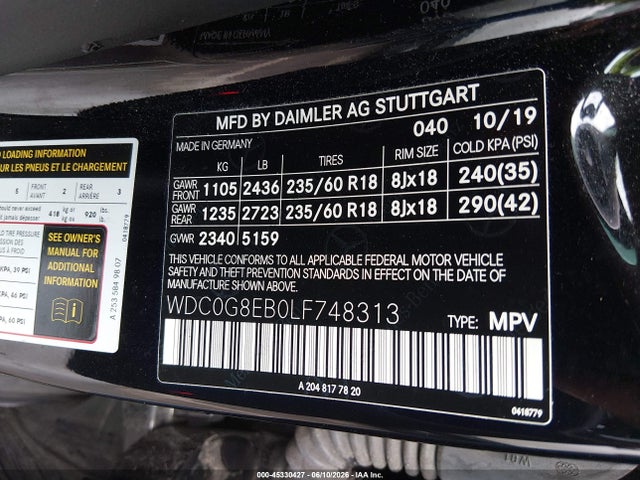 2020 Mercedes-benz Glc 300 4matic მანქანა იყიდება აუქციონზე, vin: WDC0G8EB0LF748313, აუქციონის ნომერი: 45330427