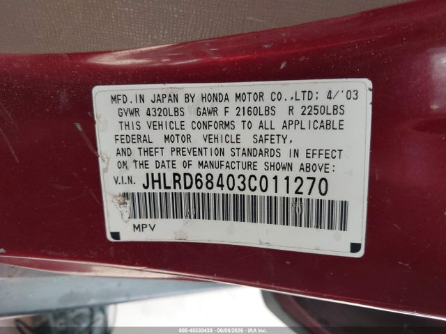 Продажа на аукционе авто 2003 Honda Cr-v Lx, vin: JHLRD68403C011270, номер лота: 45330438
