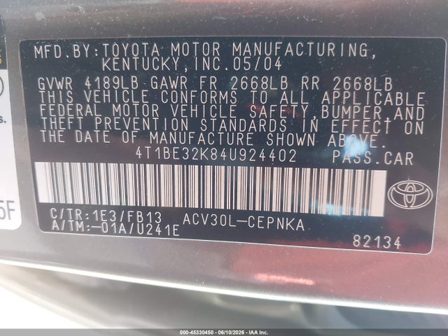 45330450 :رقم المزاد ، 4T1BE32K84U924402 vin ، 2004 Toyota Camry Le مزاد بيع