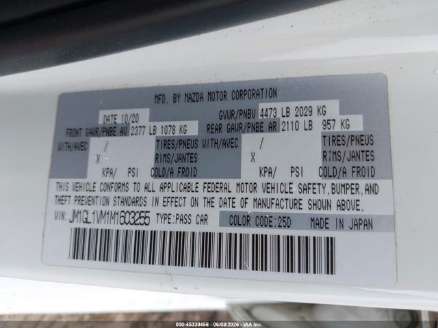 Продажа на аукционе авто 2021 Mazda Mazda6 Touring, vin: JM1GL1VM1M1603255, номер лота: 45330456