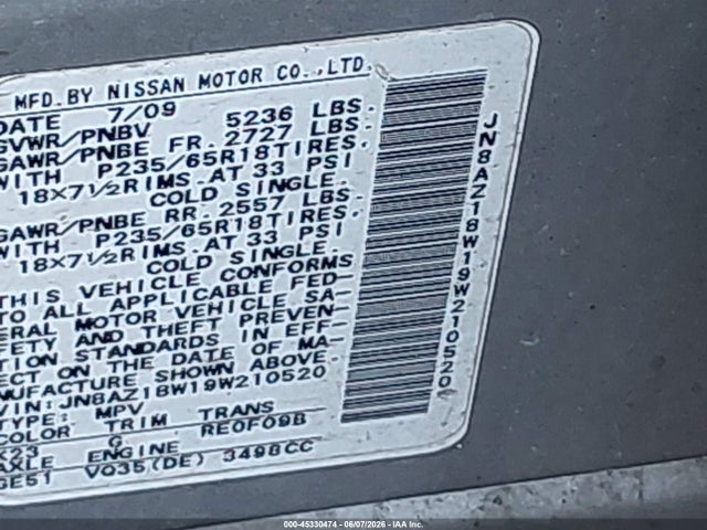 Продаж на аукціоні авто 2009 Nissan Murano Sl, vin: JN8AZ18W19W210520, номер лоту: 45330474