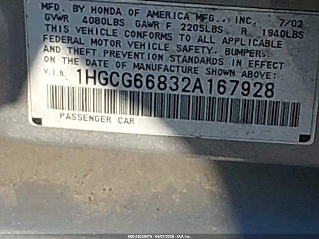 Продажа на аукционе авто 2002 Honda Accord 2.3 Ex/2.3 Se, vin: 1HGCG66832A167928, номер лота: 45330475
