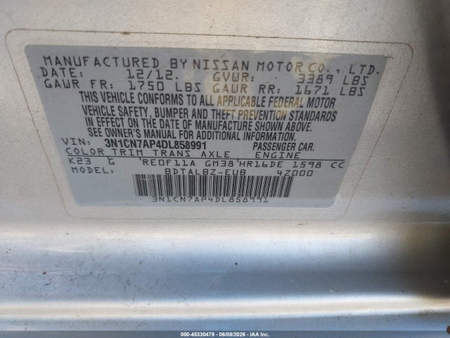 Aukcja sprzedaży 2013 Nissan Versa 1.6 Sv, vin: 3N1CN7AP4DL858991, numer aukcji: 45330479