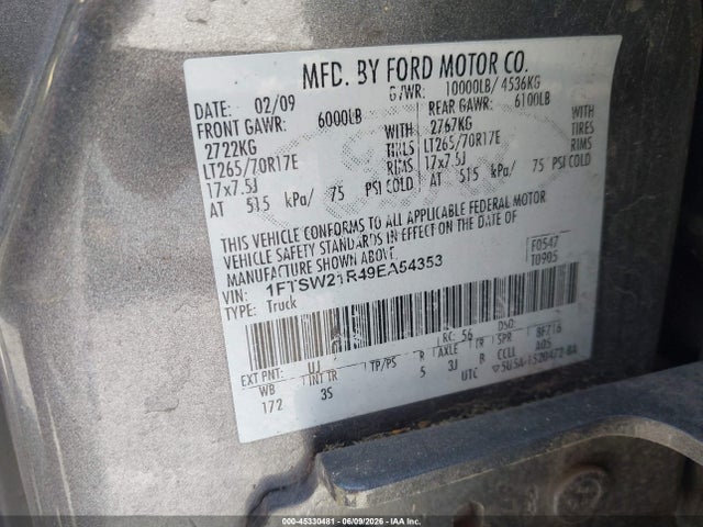 Aukcja sprzedaży 2009 Ford Super Duty F-250 Srw Fx4/harley-davidson/king Ranch/lariat/xl/xlt, vin: 1FTSW21R49EA54353, numer aukcji: 45330481