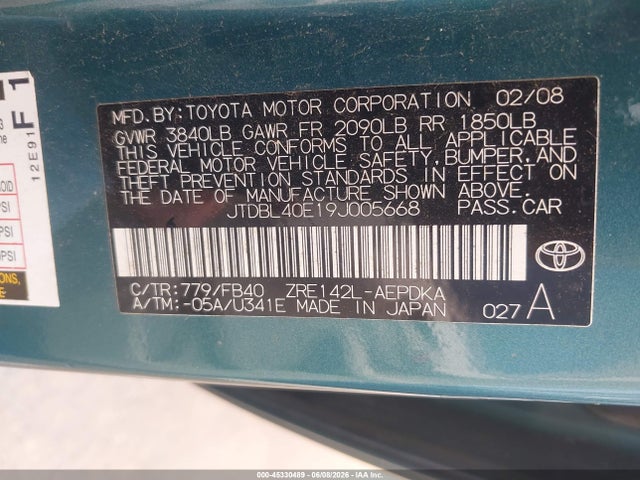 45330489 :رقم المزاد ، JTDBL40E19J005668 vin ، 2009 Toyota Corolla Le مزاد بيع