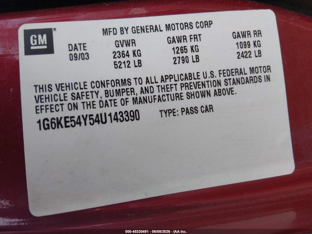 45330491 :رقم المزاد ، 1G6KE54Y54U143390 vin ، 2004 Cadillac Deville Dhs مزاد بيع
