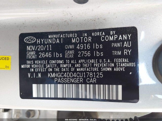 Aukcja sprzedaży 2012 Hyundai Genesis 3.8, vin: KMHGC4DD4CU178125, numer aukcji: 45330492