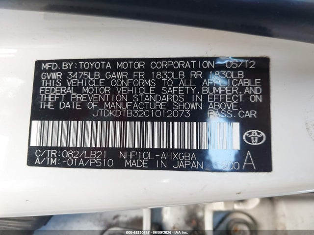 Aukcja sprzedaży 2012 Toyota Prius C Four, vin: JTDKDTB32C1012073, numer aukcji: 45330497