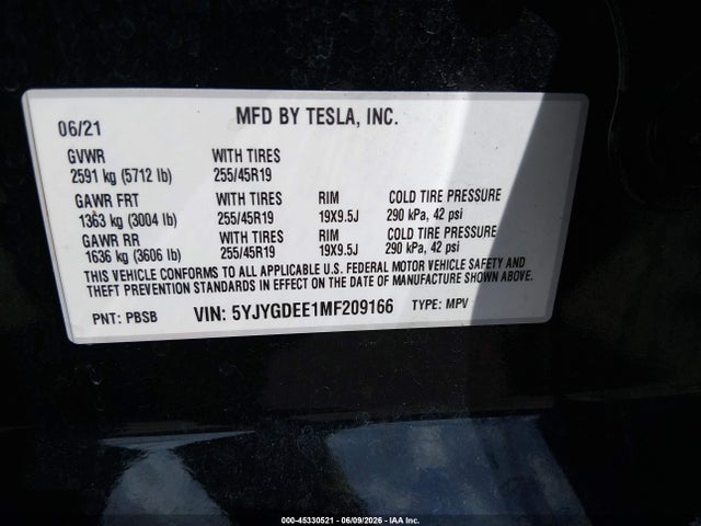 Продажа на аукционе авто 2021 Tesla Model Y Long Range Dual Motor All-wheel Drive, vin: 5YJYGDEE1MF209166, номер лота: 45330521
