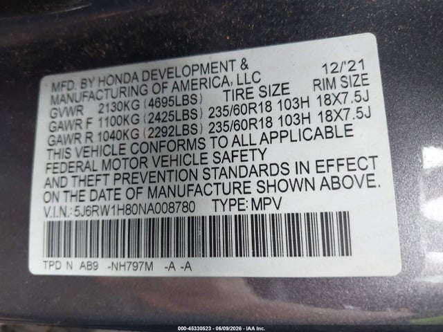 Продажа на аукционе авто 2022 Honda Cr-v 2wd Ex-l, vin: 5J6RW1H80NA008780, номер лота: 45330523