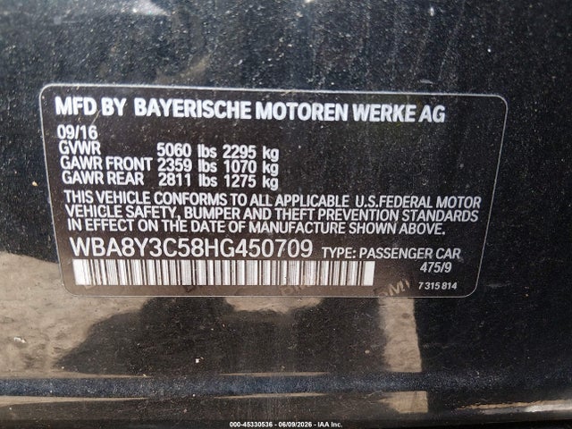 Aukcja sprzedaży 2017 Bmw 340i Gran Turismo Xdrive, vin: WBA8Y3C58HG450709, numer aukcji: 45330536