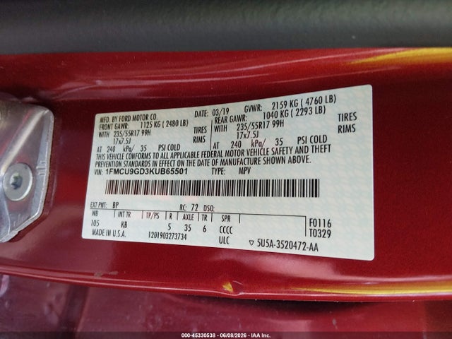 45330538 :رقم المزاد ، 1FMCU9GD3KUB65501 vin ، 2019 Ford Escape Se مزاد بيع