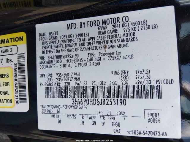 Ford FUSION SE 2018 3FA6P0HD5JR253190 Image 9