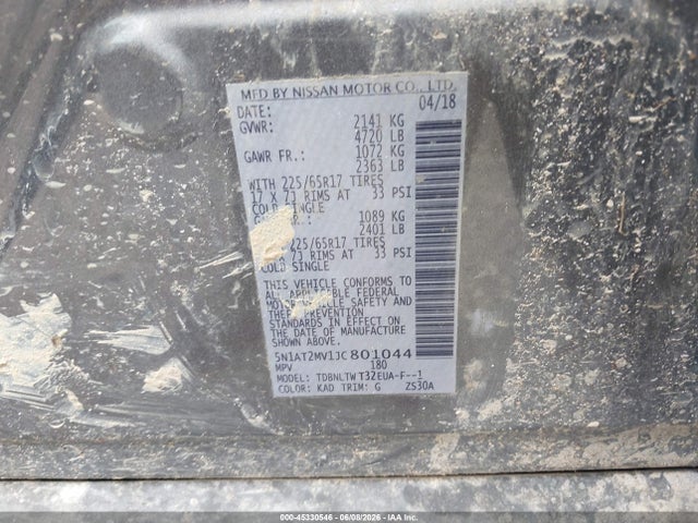 Aukcja sprzedaży 2018 Nissan Rogue Sv, vin: 5N1AT2MV1JC801044, numer aukcji: 45330546