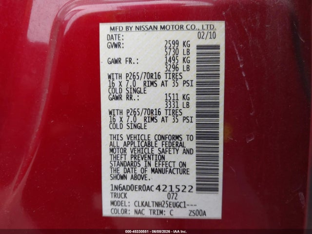 Aukcja sprzedaży 2010 Nissan Frontier Se, vin: 1N6AD0ER0AC421522, numer aukcji: 45330551