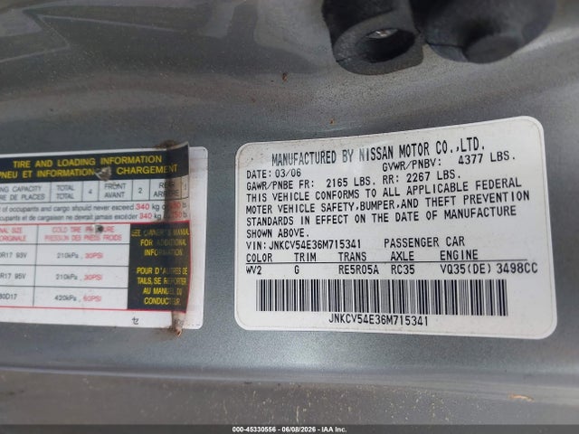 Продажа на аукционе авто 2006 Infiniti G35, vin: JNKCV54E36M715341, номер лота: 45330556
