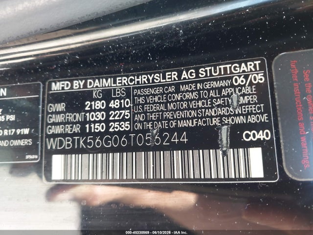 Aukcja sprzedaży 2006 Mercedes-benz Clk 350, vin: WDBTK56G06T056244, numer aukcji: 45330569