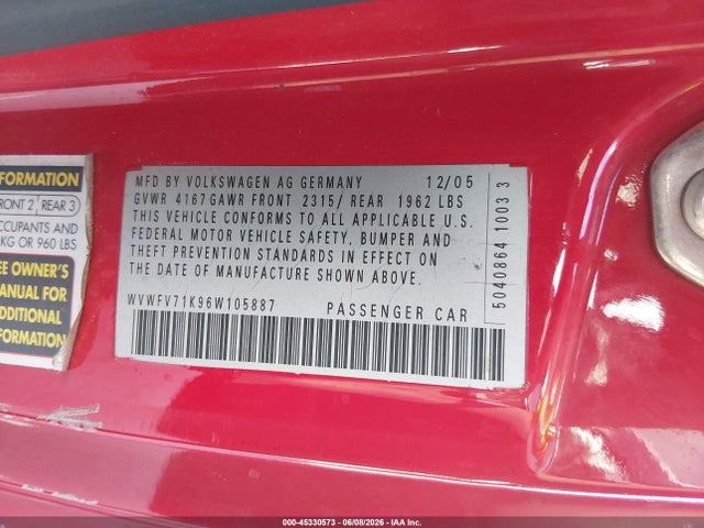 Aukcja sprzedaży 2006 Volkswagen Gti 2-door, vin: WVWFV71K96W105887, numer aukcji: 45330573