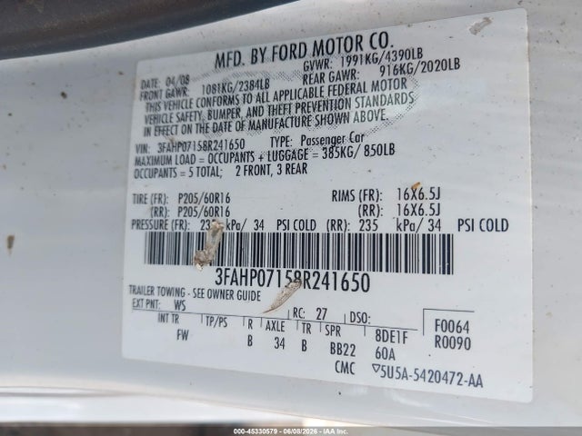 Продажа на аукционе авто 2008 Ford Fusion Se, vin: 3FAHP07158R241650, номер лота: 45330579