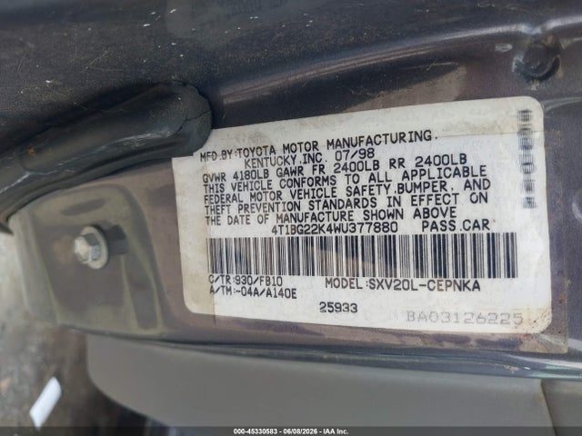 45330583 :رقم المزاد ، 4T1BG22K4WU377880 vin ، 1998 Toyota Camry Le مزاد بيع