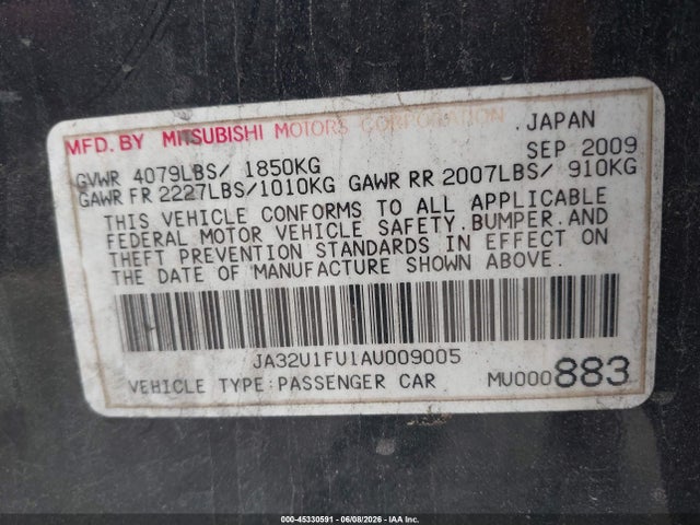 Продаж на аукціоні авто 2010 Mitsubishi Lancer De, vin: JA32U1FU1AU009005, номер лоту: 45330591