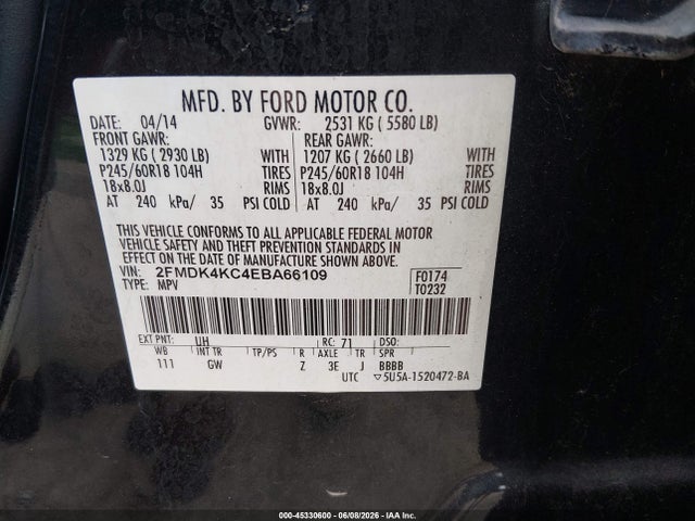 Aukcja sprzedaży 2014 Ford Edge Limited, vin: 2FMDK4KC4EBA66109, numer aukcji: 45330600