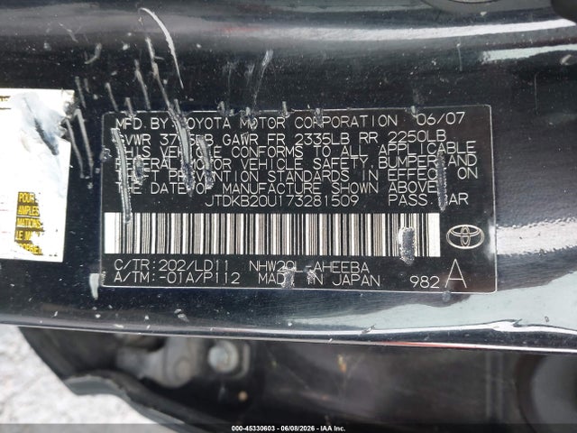 Продажа на аукционе авто 2007 Toyota Prius, vin: JTDKB20U173281509, номер лота: 45330603