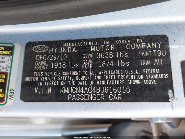 Aukcja sprzedaży 2011 Hyundai Accent Gls, vin: KMHCN4AC4BU616015, numer aukcji: 45330607