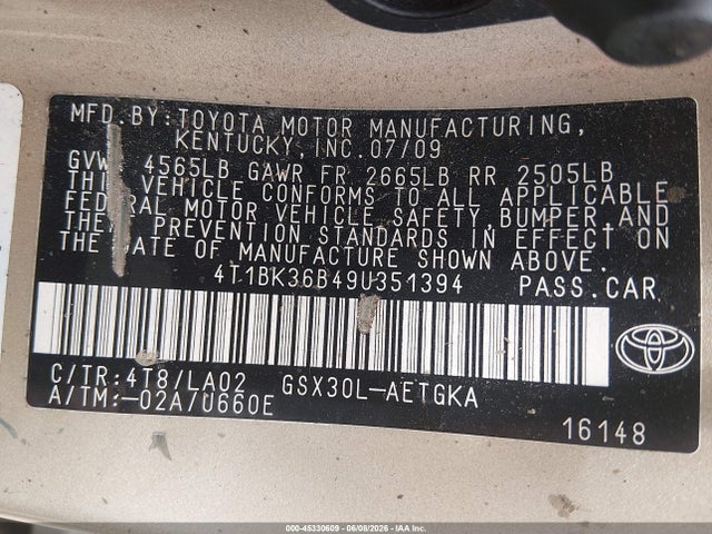 45330609 :رقم المزاد ، 4T1BK36B49U351394 vin ، 2009 Toyota Avalon Xls مزاد بيع