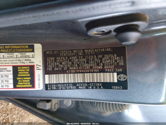2012 Toyota Camry Se მანქანა იყიდება აუქციონზე, vin: 4T1BF1FK4CU019164, აუქციონის ნომერი: 45330626